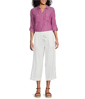 Westbound Petite Size 3/4 Roll-Tab Sleeve Point Collar Y-Neck Button Front Shirt