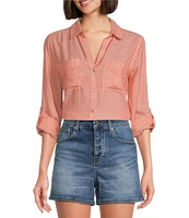 Westbound Petite Size 3/4 Roll-Tab Sleeve Point Collar Y-Neck Button Front Shirt
