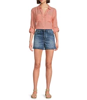 Westbound Petite Size 3/4 Roll-Tab Sleeve Point Collar Y-Neck Button Front Shirt