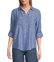 Westbound Petite Size 3/4 Roll-Tab Sleeve Point Collar Y-Neck Button Front Shirt