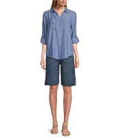 Westbound Petite Size 3/4 Roll-Tab Sleeve Point Collar Y-Neck Button Front Shirt