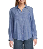 Westbound Petite Size 3/4 Roll-Tab Sleeve Point Collar Y-Neck Button Front Shirt
