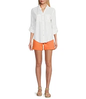 Westbound Petite Size 3/4 Roll-Tab Sleeve Point Collar Y-Neck Button Front Shirt