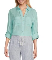 Westbound Petite Size 3/4 Roll-Tab Sleeve Point Collar Y-Neck Button Front Shirt