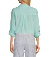 Westbound Petite Size 3/4 Roll-Tab Sleeve Point Collar Y-Neck Button Front Shirt