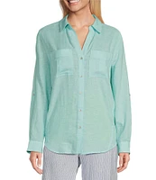 Westbound Petite Size 3/4 Roll-Tab Sleeve Point Collar Y-Neck Button Front Shirt