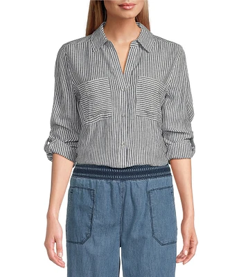 Westbound Petite Size 3/4 Roll-Tab Sleeve Point Collar Y-Neck Button Front Top