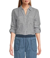Westbound Petite Size 3/4 Roll-Tab Sleeve Point Collar Y-Neck Button Front Top