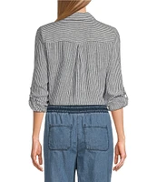 Westbound Petite Size 3/4 Roll-Tab Sleeve Point Collar Y-Neck Button Front Top
