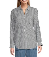 Westbound Petite Size 3/4 Roll-Tab Sleeve Point Collar Y-Neck Button Front Top