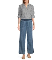 Westbound Petite Size 3/4 Roll-Tab Sleeve Point Collar Y-Neck Button Front Top