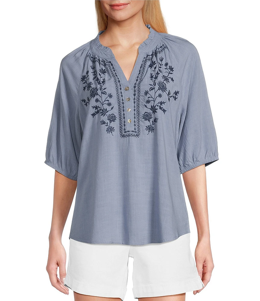 Westbound Petite Size 3/4 Sleeve Ruffle V-Neck Embroidered Yoke Top