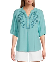 Westbound Petite Size 3/4 Sleeve Ruffle V-Neck Embroidered Yoke Top