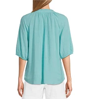 Westbound Petite Size 3/4 Sleeve Ruffle V-Neck Embroidered Yoke Top