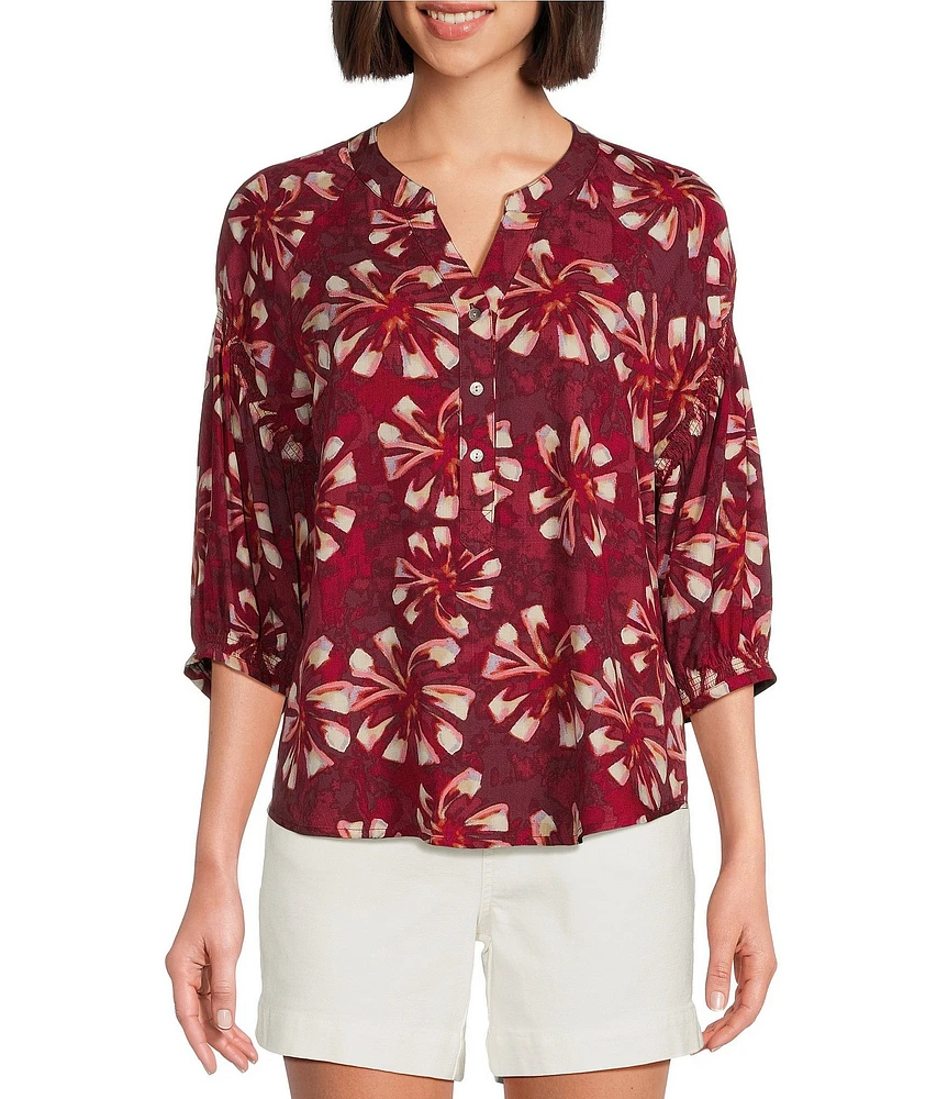 Westbound Petite Size Abstract Elbow Puff Sleeve Partial Button Front Top
