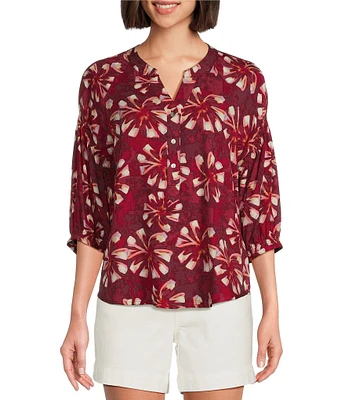 Westbound Petite Size Abstract Elbow Puff Sleeve Partial Button Front Top