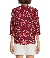 Westbound Petite Size Abstract Elbow Puff Sleeve Partial Button Front Top