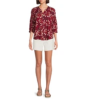 Westbound Petite Size Abstract Elbow Puff Sleeve Partial Button Front Top