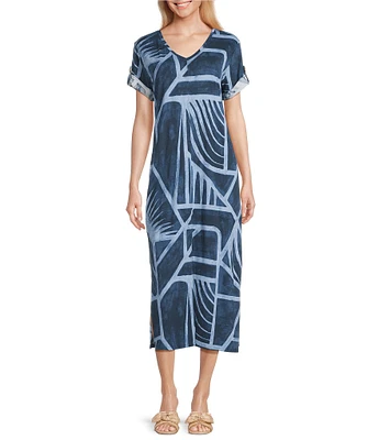 Westbound Petite Size Blue Geo Tex Short Sleeve V-Neck Midi Shift Dress