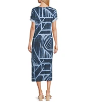 Westbound Petite Size Blue Geo Tex Short Sleeve V-Neck Midi Shift Dress