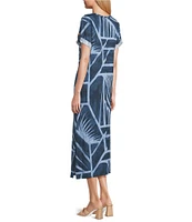 Westbound Petite Size Blue Geo Tex Short Sleeve V-Neck Midi Shift Dress