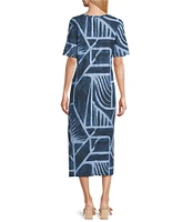 Westbound Petite Size Blue Geo Tex Short Sleeve V-Neck Midi Shift Dress