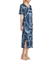 Westbound Petite Size Blue Geo Tex Short Sleeve V-Neck Midi Shift Dress