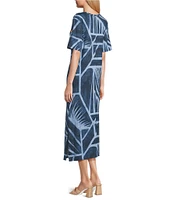 Westbound Petite Size Blue Geo Tex Short Sleeve V-Neck Midi Shift Dress