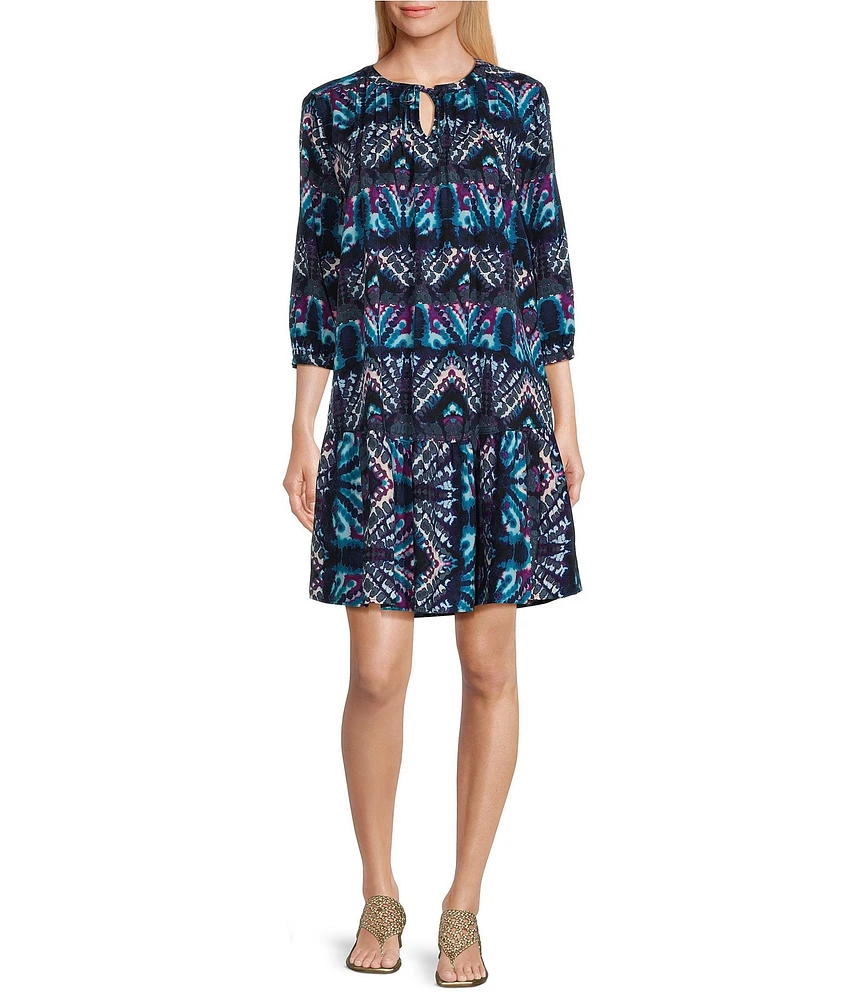 Westbound Petite Size Blurred Patels Bracelet Sleeve Tie Neck Dress
