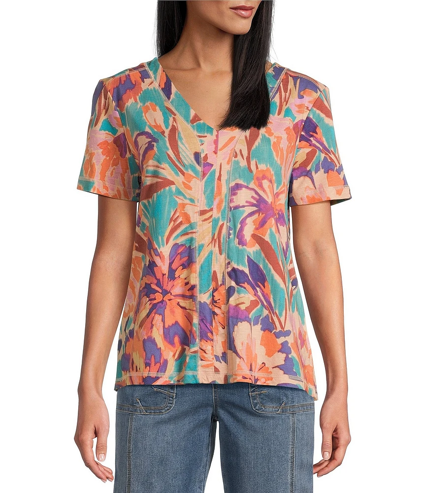 Westbound Petite Size Brushstroke Blossom Floral Short Sleeve V-Neck Top