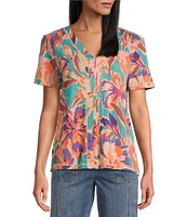 Westbound Petite Size Brushstroke Blossom Floral Short Sleeve V-Neck Top