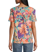 Westbound Petite Size Brushstroke Blossom Floral Short Sleeve V-Neck Top