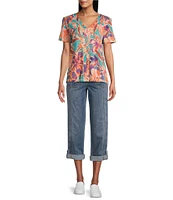 Westbound Petite Size Brushstroke Blossom Floral Short Sleeve V-Neck Top