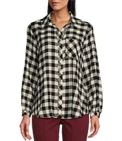 Westbound Petite Size Buffalo Plaid Print Long Sleeve Y-Neck Button Front Collared Top