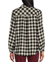 Westbound Petite Size Buffalo Plaid Print Long Sleeve Y-Neck Button Front Collared Top