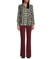 Westbound Petite Size Buffalo Plaid Print Long Sleeve Y-Neck Button Front Collared Top