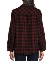 Westbound Petite Size Buffalo Plaid Print Long Sleeve Y-Neck Button Front Collared Top