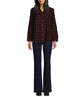 Westbound Petite Size Buffalo Plaid Print Long Sleeve Y-Neck Button Front Collared Top