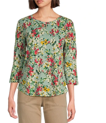 Westbound Petite Size Bundle Floral 3/4 Sleeve Knit Crew Neck Top