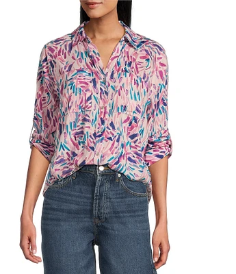 Westbound Petite Size Dancing Daubs 3/4 Roll-Tab Sleeve Point Collar Y-Neck Button Front Shirt
