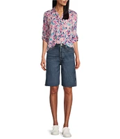 Westbound Petite Size Dancing Daubs 3/4 Roll-Tab Sleeve Point Collar Y-Neck Button Front Shirt