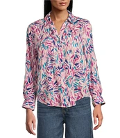 Westbound Petite Size Dancing Daubs 3/4 Roll-Tab Sleeve Point Collar Y-Neck Button Front Shirt