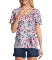 Westbound Petite Size Dancing Daubs Print Short Sleeve V-Neck Top