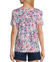 Westbound Petite Size Dancing Daubs Print Short Sleeve V-Neck Top