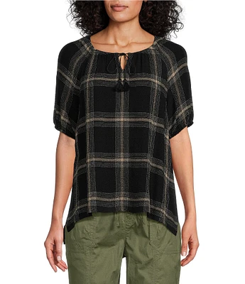 Westbound Petite Size Elbow Puff Sleeve Tie Neck Plaid Top