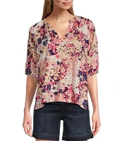 Westbound Petite Size Elbow Puff Sleeve V-Neck Bloom Top