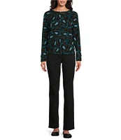 Westbound Petite Size Feathered Paisley Round Neck Long Sleeve Knit Tee Shirt