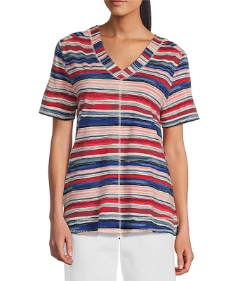 Westbound Petite Size Flag Stripe Print Knit Short Sleeve V-Neck Top