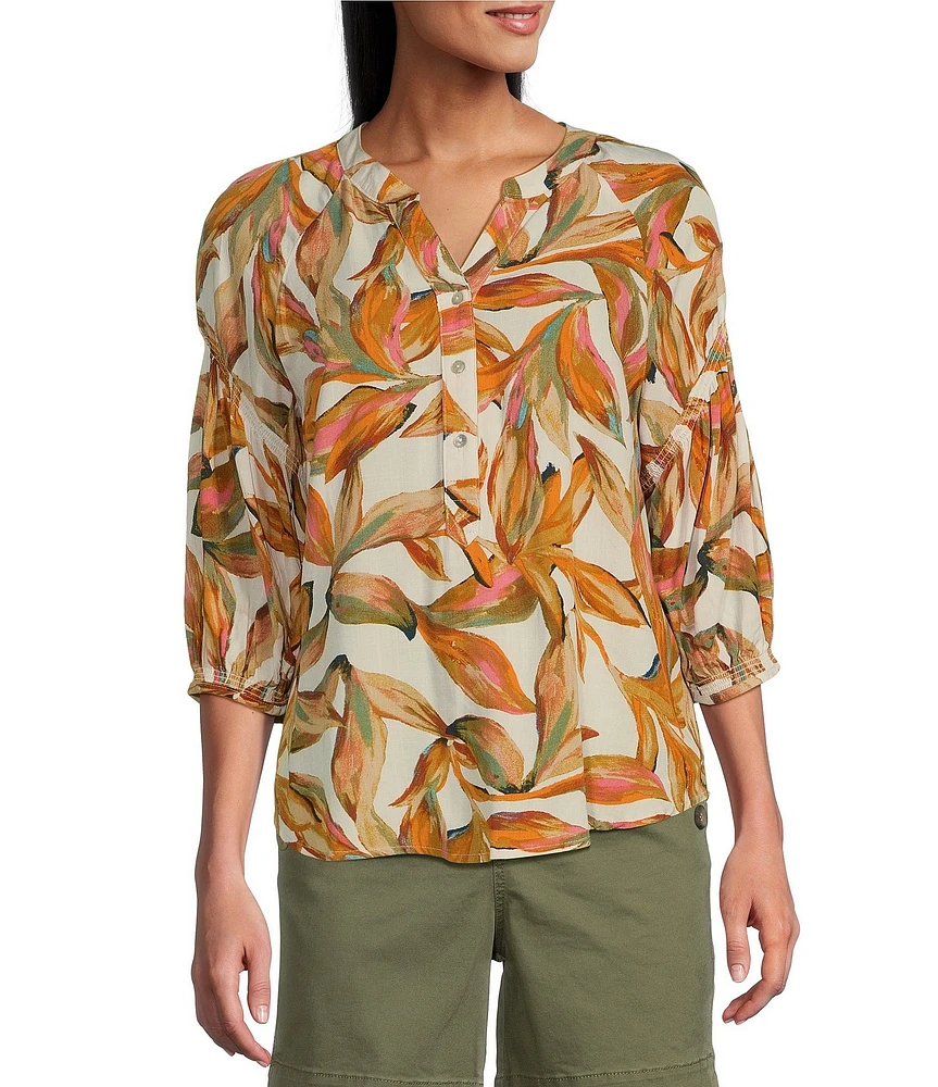 Westbound Petite Size Floral Elbow Puff Sleeve Partial Button Front Top