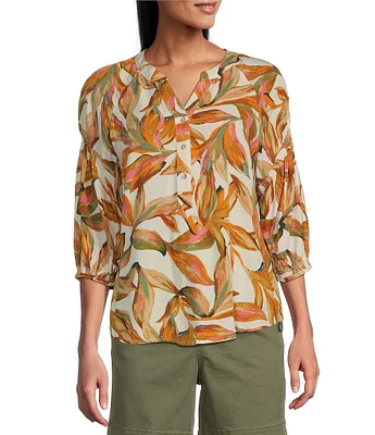 Westbound Petite Size Floral Elbow Puff Sleeve Partial Button Front Top